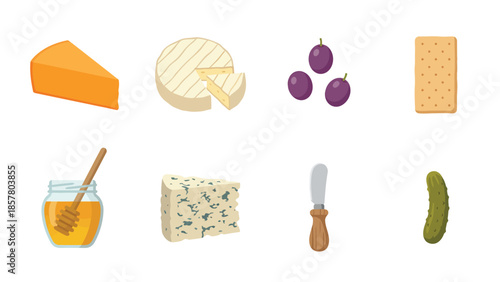 Gourmet Cheese Platter Ingredients Icons Cheddar Brie Blue Cheese Grapes Pickles Crackers and Honey Jar with Dipper Isolated on White Background