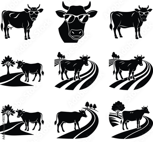 Cow Silhouette Vector Illustrations Set with Sunglasses and Landscapes