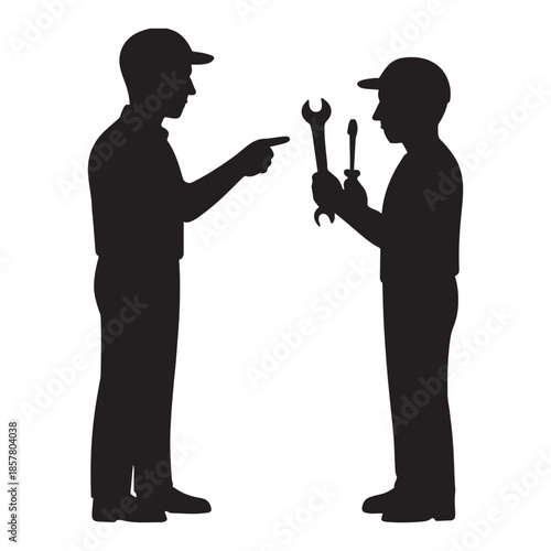 Experienced mechanic instructing apprentice with tools on white background