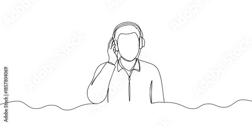 Continuous one line drawing of a person listening to music with headphones, representing the effect of music on emotions, line art style vector illustration.