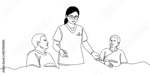 Continuous one line drawing of a public healthcare worker attending to patients, symbolizing the public healthcare system, line art style vector illustration.