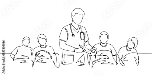 Continuous one line drawing of a public healthcare worker attending to patients, symbolizing the public healthcare system, line art style vector illustration.