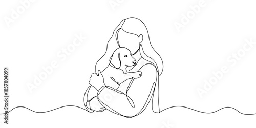 Continuous one line drawing of a dog in their arms, symbolizing animal welfare, line art style vector illustration.