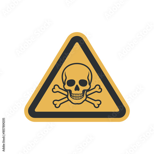 A yellow triangular warning sign displaying a black skull and crossbones indicating potential danger