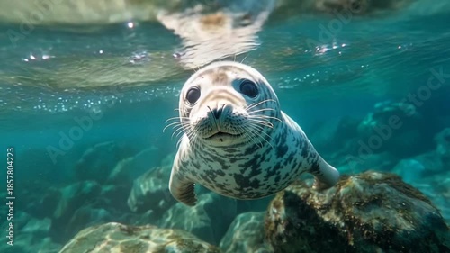 A playful harbor seal pup emerges from the deep blue ocean waters.
