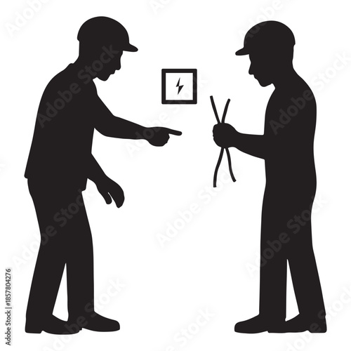 Two workers in silhouette pointing at electrical symbol on wall, discussing wiring task