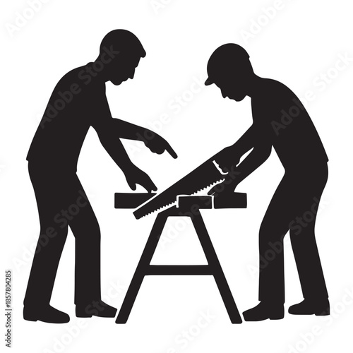 Two men working together on a woodworking project, one guiding the other