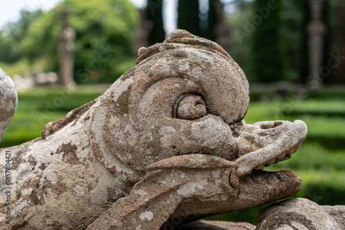 Italy - Caprarola - Palazzo Farnese - Close up of a stone dolphin sculpture on the Catena d'acqua fountain