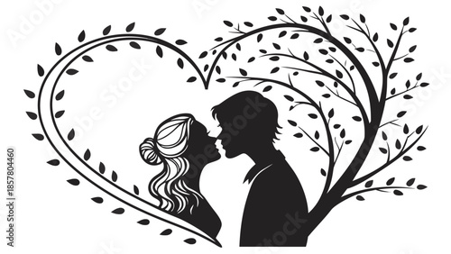 a romantic depiction of a couple sharing a tender moment framed by a heart shaped leafy branch silhouette