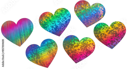 Vibrant, multicolored, textured heart shapes with a bold black outline and a slightly distressed, painted appearance are arranged in a clustered formation,, isolated on transparent background.