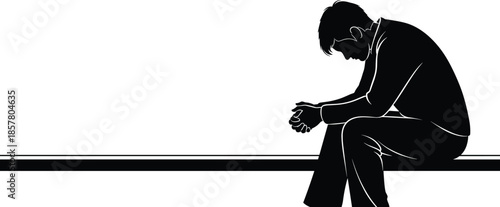 Man silhouette, sitting on bench, thoughtful pose, introspection, solitude, contemplation, vector illustration, design elements, emotional artwork