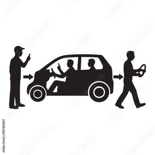 Driverless car concept with passenger and instructor silhouettes, symbolizing future transportation.