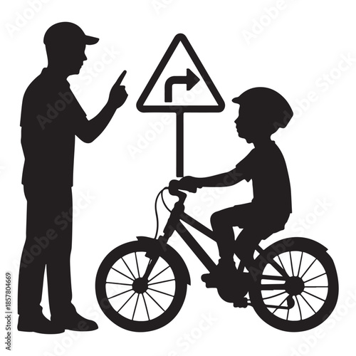 Adult teaching child to ride a bicycle, demonstrating traffic rules with a sign.