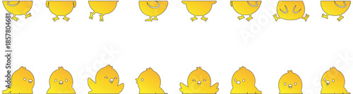 Collection of cute cartoon yellow chicks in various poses and expressions, isolated on a white background.