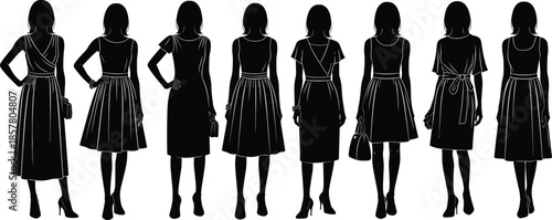Women silhouettes, fashion dresses, handbags, stylish outfits, high heels, clothing variety, vector illustration, design elements, fashion artwork, apparel icons