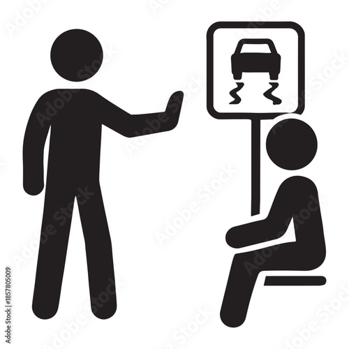 Person gesturing to another person near a slippery road warning sign