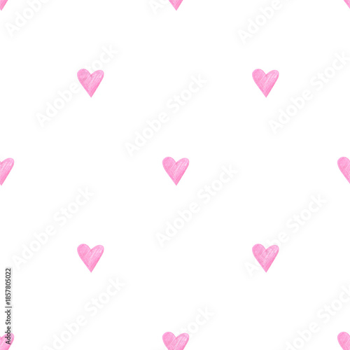 Seamless watercolor pattern with small pink hearts on white background. Romantic hand painted texture perfect for Valentine’s Day, wrapping paper, fabric, stationery and cute designs.