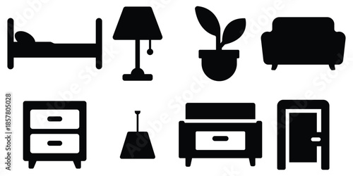Home furniture silhouette set, Household interior icon pack, Living space furniture collection