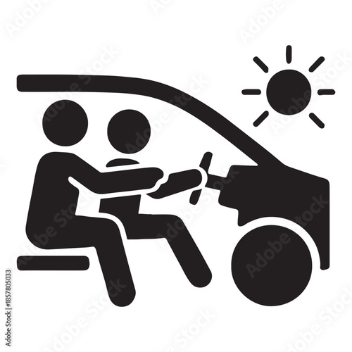 Adult teaching child to drive a car on a sunny day, promoting safe learning and family bonding.