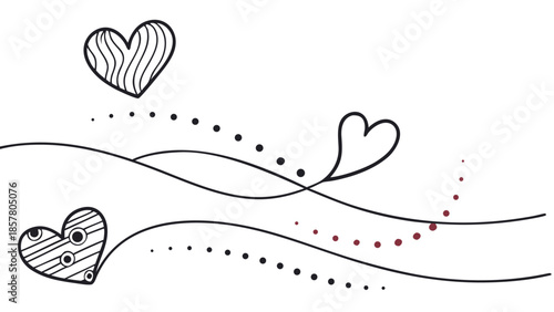 delicate black and white doodle illustration featuring hearts and flowing lines with dotted trails a charming silhouette