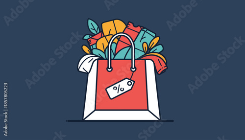 Colorful shopping bag illustration with discount tag for retail promotions