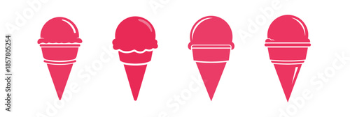 A collection of four pink ice cream cones with different textures and designs on a white background.
