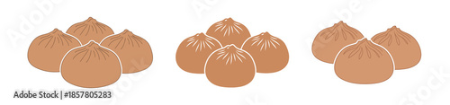 Three groups of brown steamed buns, each group containing multiple buns, arranged on a white background.
