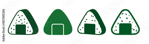 Four stylized illustrations of Japanese onigiri rice balls, each featuring a dark green seaweed wrapper and a dark green square filling.