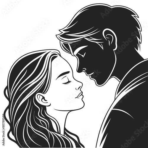 A tender moment of intimacy shared between a couple faces close in a loving embrace a striking silhouette