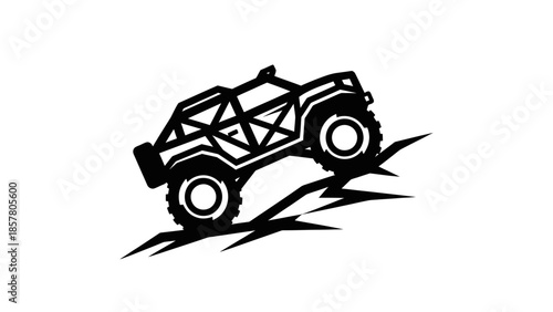 Black and white illustration of a rugged off road vehicle climbing a steep incline.
