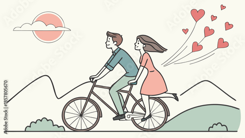 a couple joyfully riding a bicycle under a warm sun with floating hearts a romantic illustration silhouette