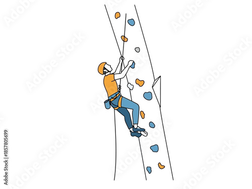 A person climbing a rock wall with various colored holds, showcasing adventure, sports, and outdoor activity.