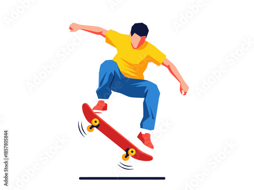 A young man performs a skateboarding trick in mid-air, captured from a dynamic side viewpoint.
