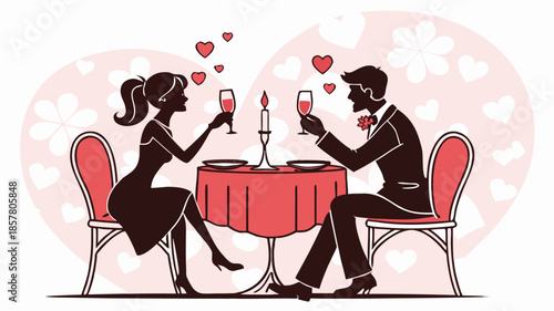 a romantic dinner for two with floating hearts and floral details depicted in a distinctive silhouette