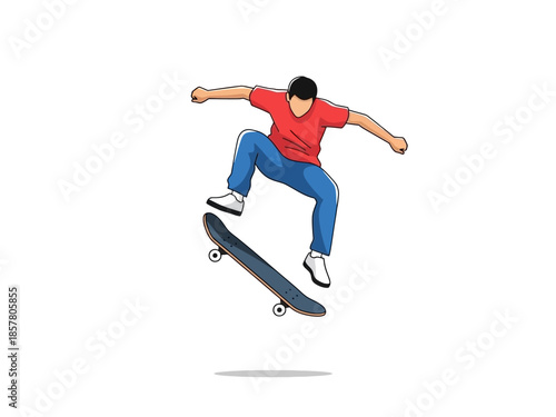 A skateboarder performs a mid-air trick on a skateboard, captured from a straightforward viewpoint.