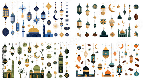 Illustration set of islamic lanterns mosques stars and crescent elements arranged for ramadan eid celebrations religious designs and cultural decorative visuals