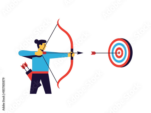 A man aiming a bow and arrow at a target with a red, blue, and white concentric circle design