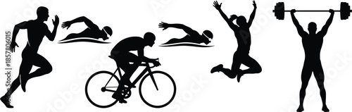 Silhouette vector set of 5 athletic poses runner swimmer cyclist jumper and weightlifter