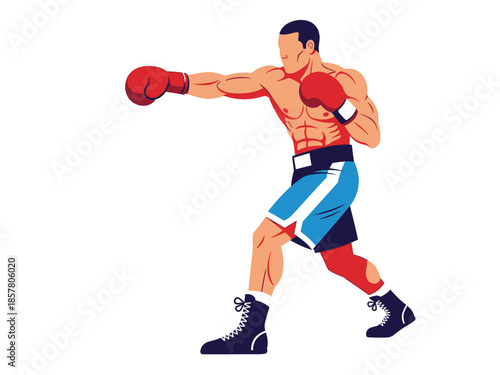 A male boxer in action, throwing a punch with red gloves and blue shorts, in a dynamic fighting stance