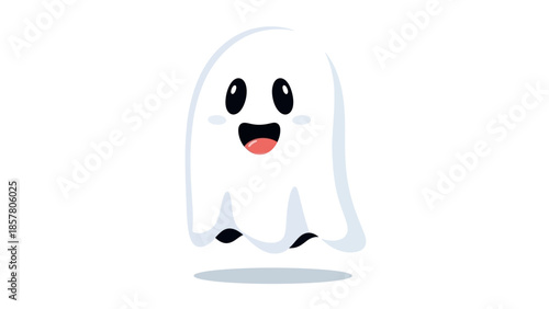 Cute cartoon ghost character with happy expression on white background