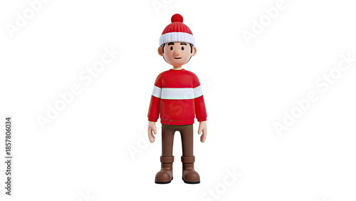 3D Cartoon Boy in Christmas Sweater and Beanie