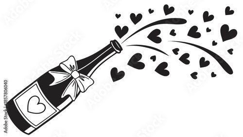 a celebratory bottle of champagne overflowing with numerous heart shapes tied with a ribbon silhouette high quality