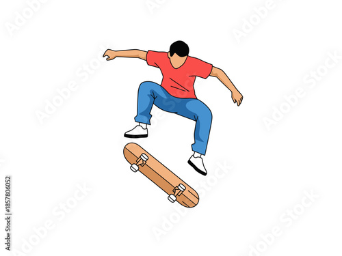 Young man performing skateboarding trick in mid-air against a white background