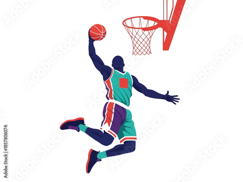 A basketball player in mid-air, dunking the ball into the hoop with a dynamic pose and vibrant uniform.
