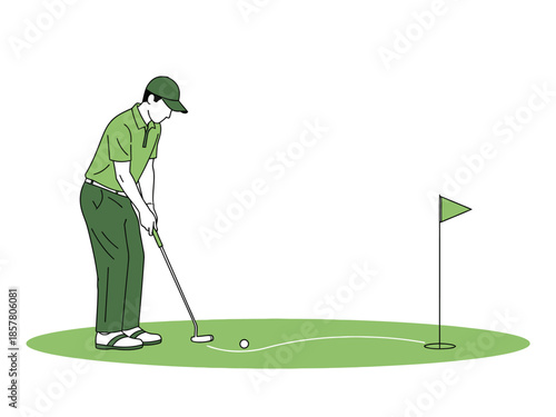 A golfer lining up a putt on a green with a flagstick nearby