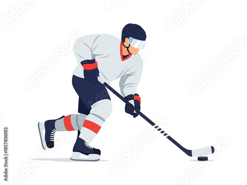 Hockey player in action, skating with stick on ice rink