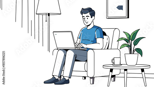 Remote work illustration, casual home office setup, laptop user in armchair, relaxed workspace, indoor productivity, modern decor, vector design, freelance concept