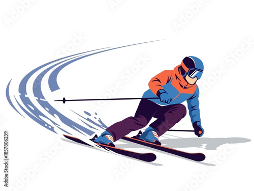 A skier in action, gliding down a snow-covered mountain slope with speed and agility.