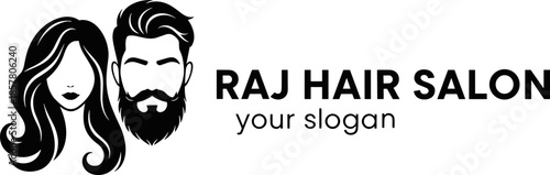 RAJ Hair Salon logo design, male and female grooming illustration, stylish hair profiles, beard and wavy hair, beauty branding vector art