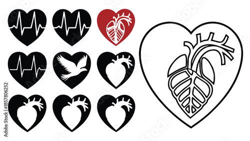 a collection of black heart shapes with varying internal designs and one red heart a striking silhouette